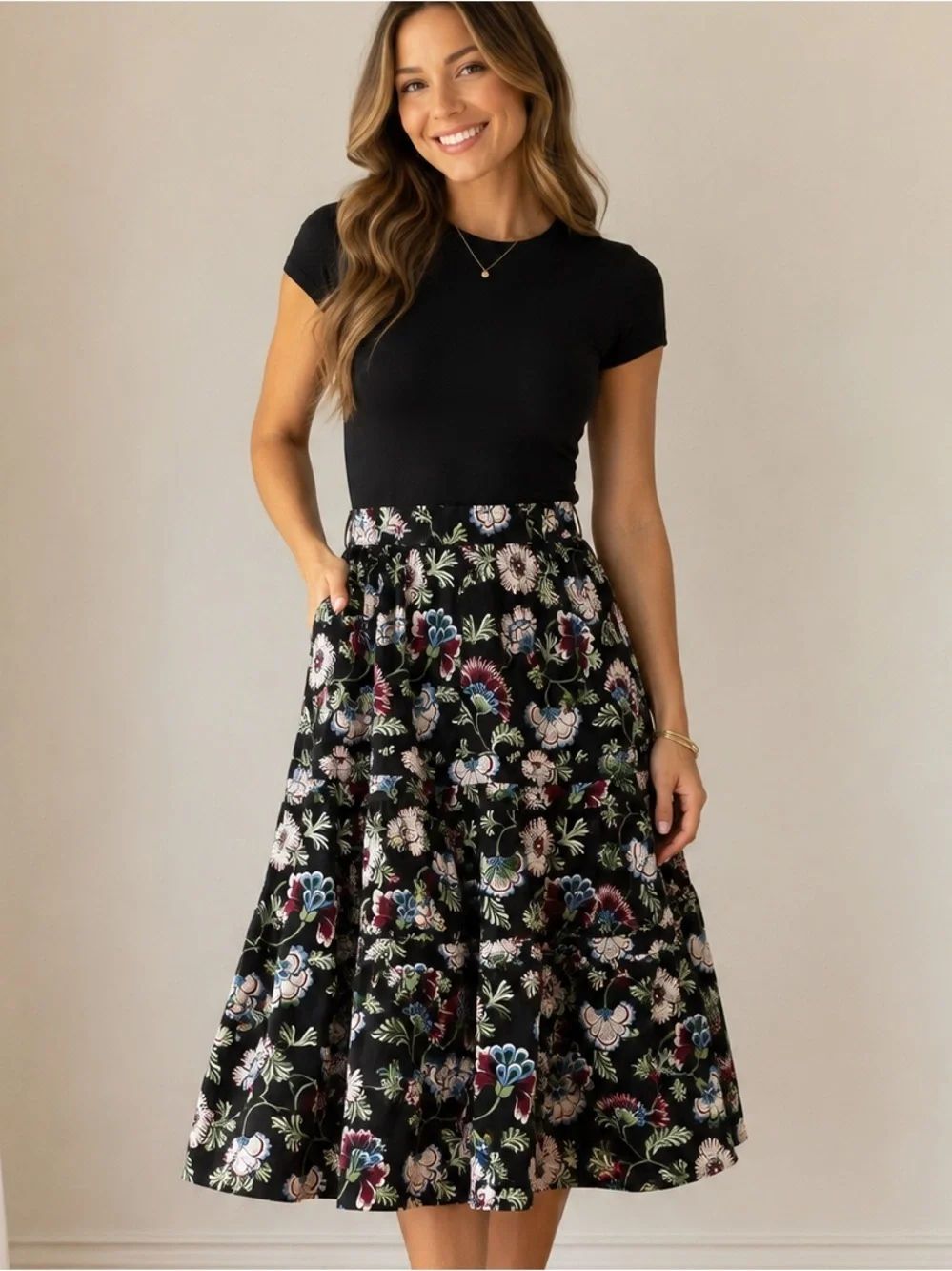 NWT Crown & Ivy Floral Tiered Midi Skirt Black Botanical Print | 100% Cotton